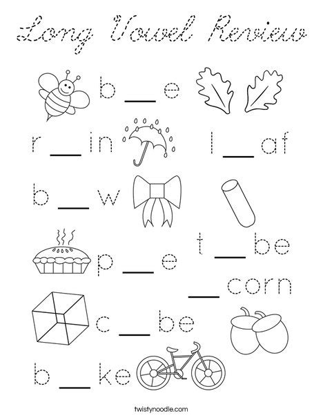 Long Vowel Review Coloring Page Cursive Twisty Noodle