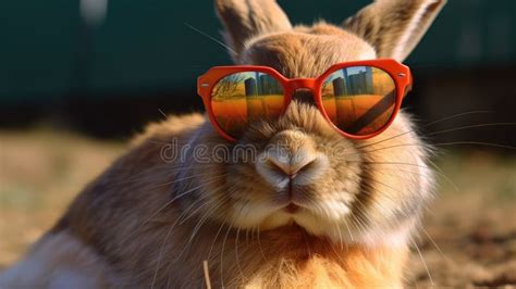 Cute Rabbit With Sunglasses Enjoying Sunny Day Outdoors Stock