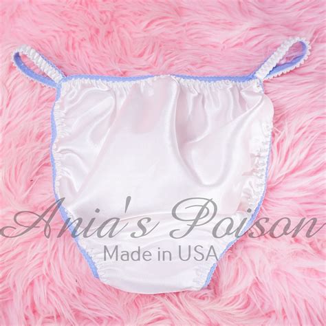 Anias Sissy SATIN White String Bikini Baby Blue Trim Shiny Mens Panties Sz M Ania S Poison