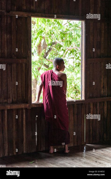 Burmese Buddhist Monk Standing By The Window In A Monastery Buddhist