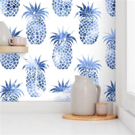 Pineapples Blue Watercolor Wallpaper Spoonflower