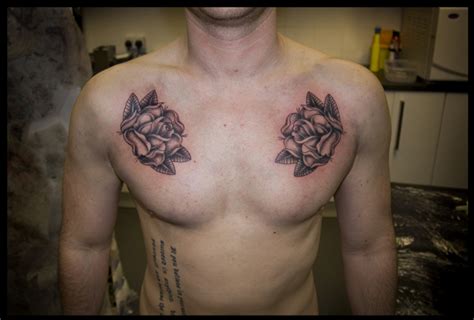 Grey Ink Rose Flowers Chest Tattoo