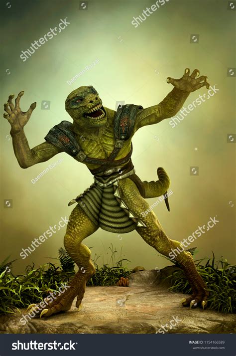 Fantasy Reptilian Warrior Frightening Pose 3d Stock Illustration