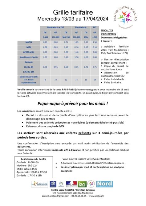 Planning 6 11 ans Mercredis de Mars à Avril 2024 Centre social