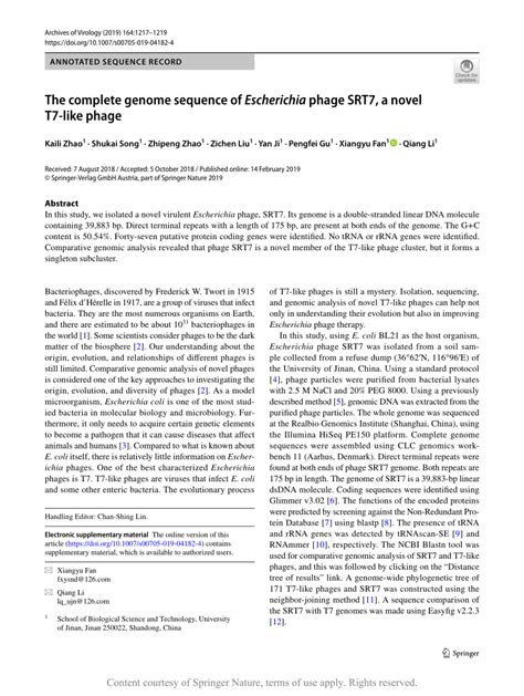 The Complete Genome Sequence Of Escherichia Phage SRT7 A Novel T7 Like