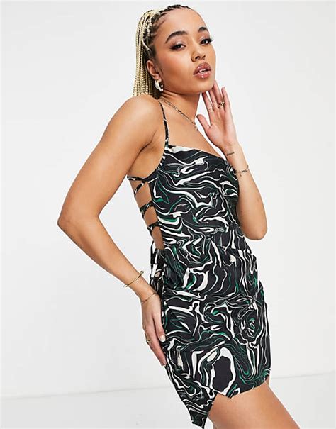 Naanaa Strappy Bodycon Mini Dress In Black Swirl Asos