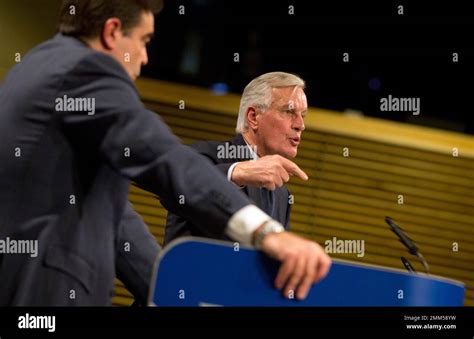 Eu Chief Brexit Negotiator Michel Barnier Right Speaks During A Media