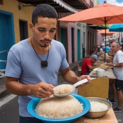 Puerto Rican Eating Traditional Meal In San Juan Market Stable
