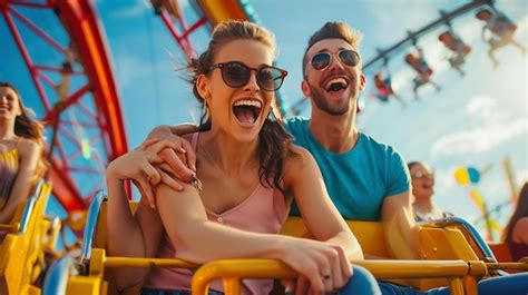 Premium Photo Young Couple Having Fun On A Roller Coaster They Are