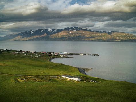 Aerial View Of Farmlands By The Fjord In Hauganes Iceland Stock Photo