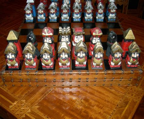 Carved Wood And Leather Chess Set At Stdibs