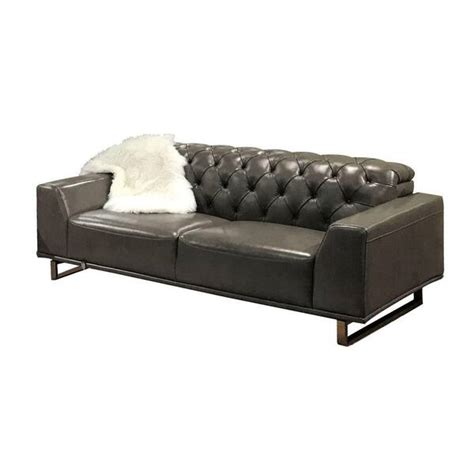 Benjara 75 In Gray Solid Leather 2 Seater Loveseat With Button Tufted