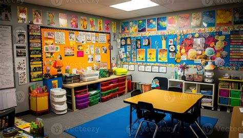 Vibrant classroom decor with modern equipment for preschool learning ...