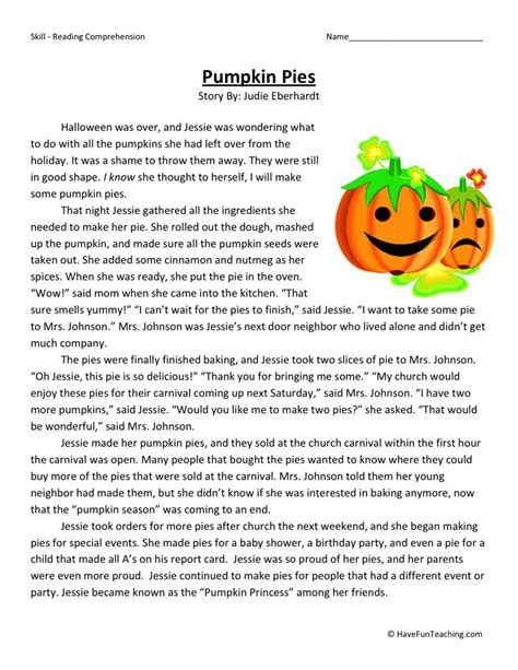 Reading Comprehension Worksheet Pumpkin Pies