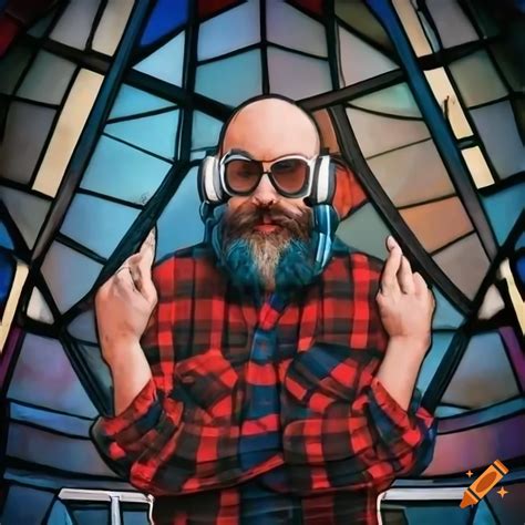 Bald Bearded Man In Flannel With Gaming Headphones In Stained Glass