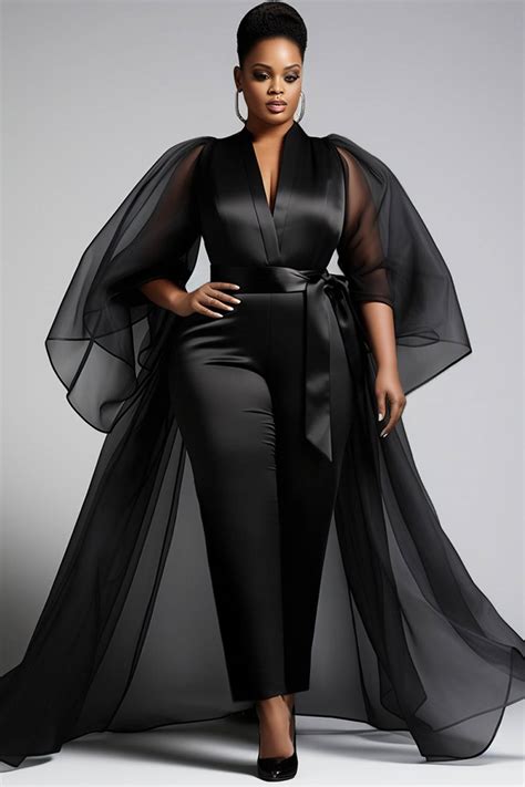 Xpluswear Design Plus Size Formal Tulle Black V Neck Puff Sleeve