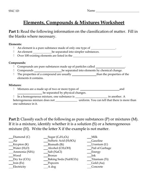 Elements Compounds Mixtures Worksheet — db-excel.com