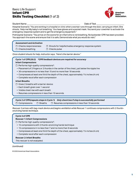 2020 Bls Infant Skills Testing Checklist 1 Basic Life Support Infant Cpr Skills Testing