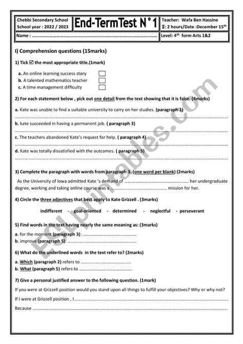 End Term Test Th Form Arts Esl Worksheet By Wafouta