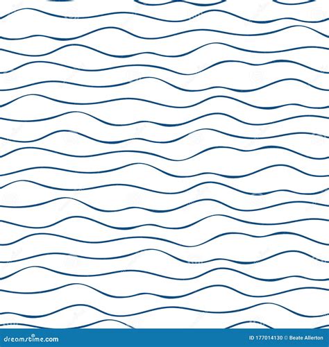 Vector Abstract Hand Drawn Navy Blue Doodle Ocean Waves Seamless