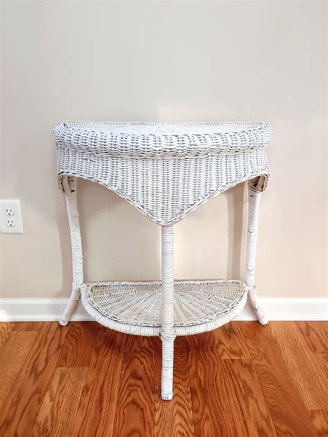 Vintage Half Round White Wooden Wicker Accent Table Half Circle Table