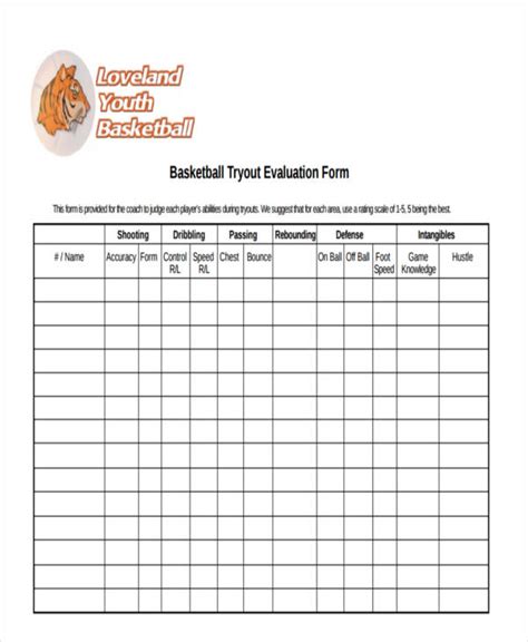 Printable Basketball Tryout Basketball Evaluation Form