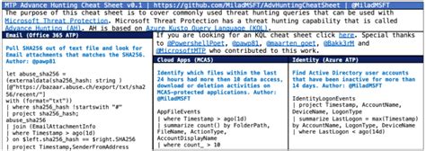 Microsoft Threat Protection Advanced Hunting Cheat Sheet Microsoft