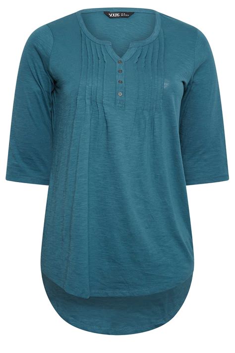 YOURS Curve Plus Size 2 PACK Teal Blue Black Pintuck Henley Tops