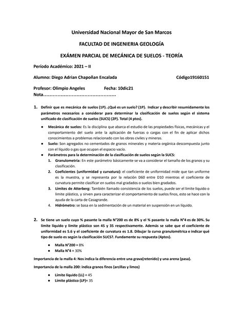 SOLUTION Examen Parcial Mec Nica De Suelos Studypool