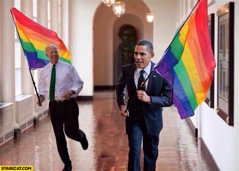 Obama running with colorful rainbow flag | StareCat.com