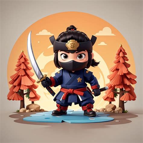 Lindo Samurai Ninja Con Espada Dibujos Animados Icono Vectorial