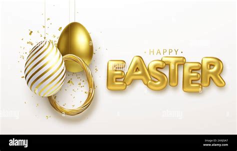 Happy Easter Lettering Background With 3d Realistic Golden Glitter Decorated Eggs Confetti