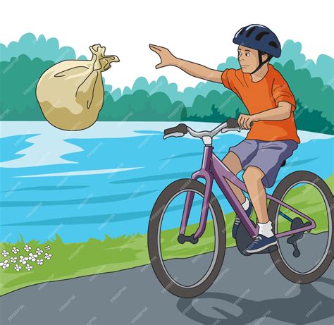 Premium Vector Young Boy Throwing Garbage Sack In The River