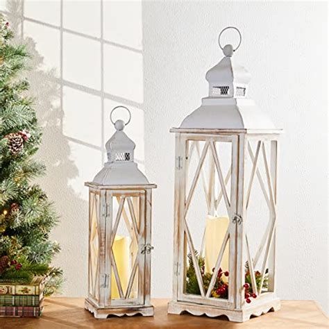 Glitzhome Farmhouse Wood Metal Lanterns Decorative Hanging Candle Lanterns White Set Of 2 No