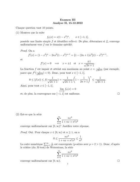 Examen 3 Solutionnaire Examen III Analyse II 15 Chaque Question