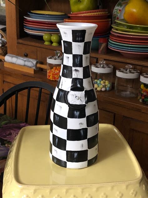 Milk Bottle Vase Painted Black And White Checked With Antique Finish