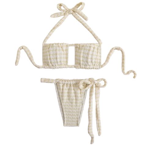 Huowey Sexy Bikini Sets For Women High Cut 2PCS Thong Swimsuit Tie Knot Ruched Swimwear Tropical