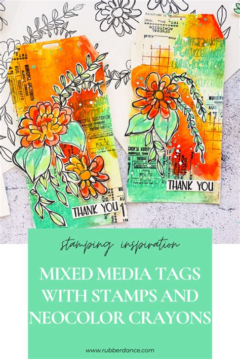 Mixed Media Tags With Neocolors And Sketchy Flowers Rubber Dance Art