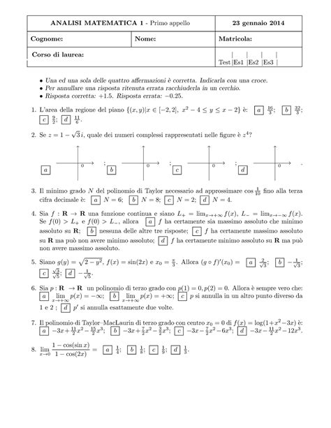 Esame 23 Gennaio 2014 Domande Prova A Analisi Matematica 1 Primo