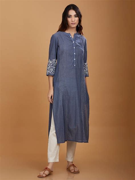 Buy Indigo Embroidered Cotton Kurta With White Pants Set Of Ss