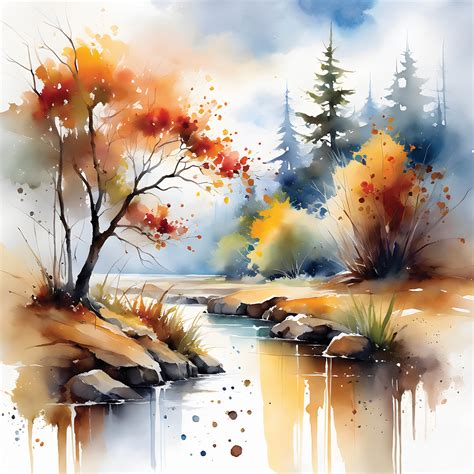 Watercolor Painting, Autumn, Brook, Nature, Landscape, Home Decor, Wall ...