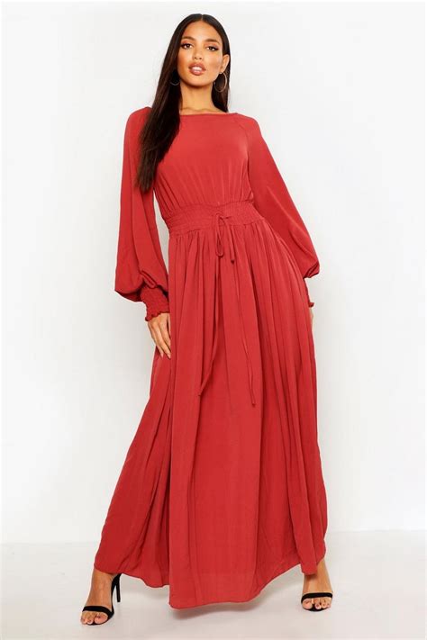 Shirred Waist And Cuff Woven Maxi Dress Boohoo Usa