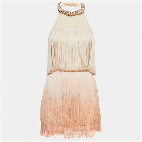 Elisabetta Franchi Orange Nylon Embellished Halter Neck Fringed Mini