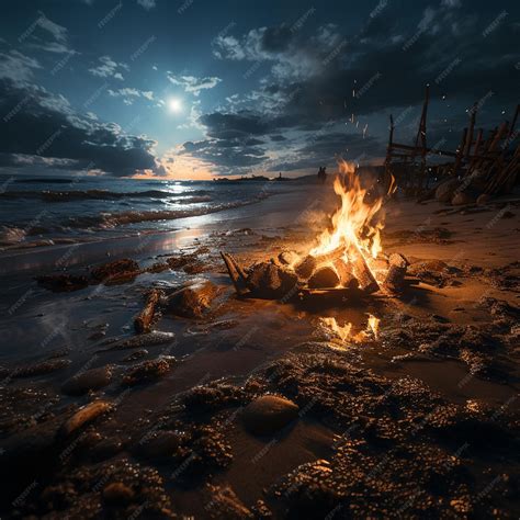 Premium AI Image | A bonfire on the beach with the moon in the background.