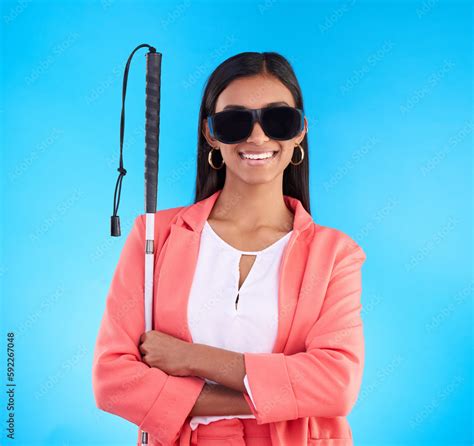 Blind Disability And Sunglasses With A Woman On A Blue Background In