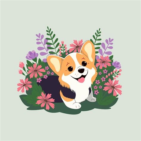 Premium Vector Cute Corgi Dog In Spring Flowers