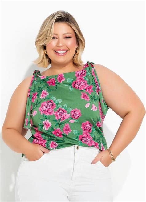 Blusa Floral Verde Amarração Plus Size Queima de Estoque