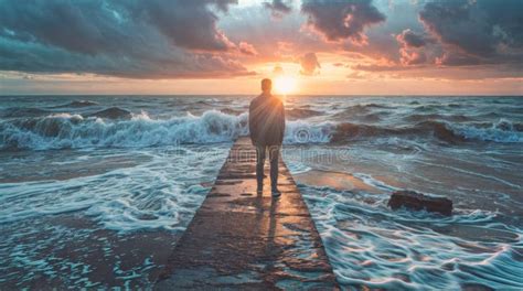 Man Standing On Pier At Sunset With Ocean Waves Stock Illustration