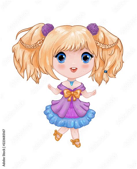 Chibi illustration. Little cute anime girl in purple-blue dress isolated Stock Vector | Adobe Stock