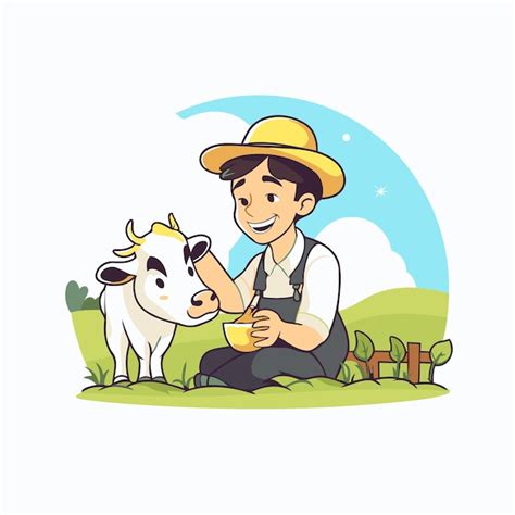 Agricultor uma vaca Ilustração vetorial em estilo de desenho